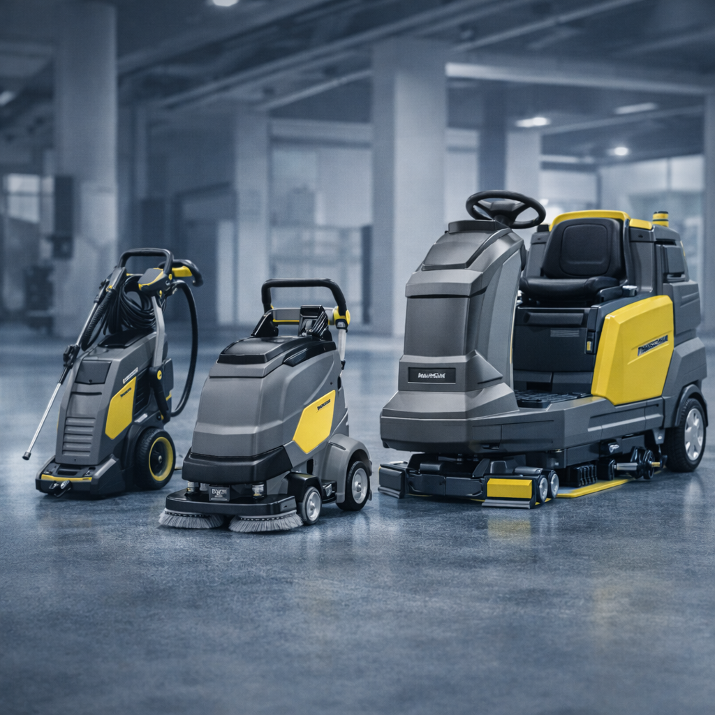 Equipamentos profissionais de limpeza industrial similares à linha Kärcher, representando máquinas de alta pressão, lavadoras de piso e scrubbers, disponível no Espírito Santo.